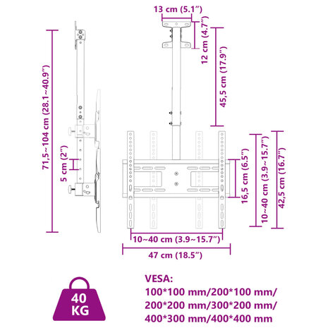 Tv-plafondbeugel 32-65 inch scherm 40 kg Max VESA 400x400 cm 8