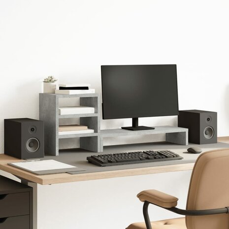 Monitorstandaard met bureau-organizer bewerkt hout betongrijs 1