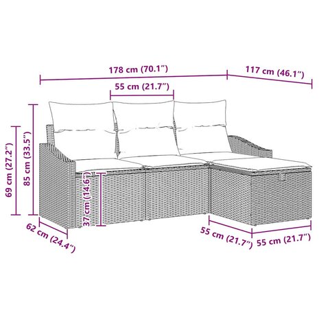 Bankstel met kussen met opslag 4 pcs Beige poly rattan 9