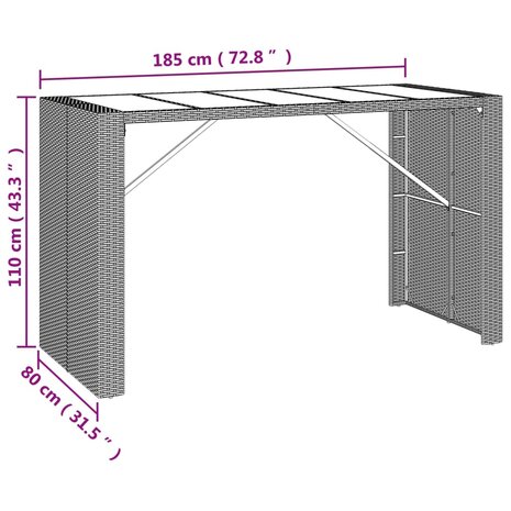 Bartafel met glazen blad 185x80x110 cm poly rattan zwart 6