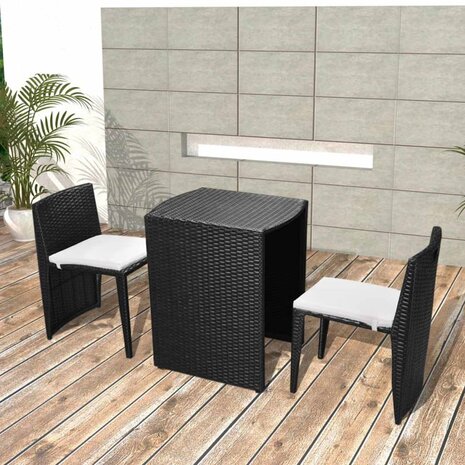 3-delige Bistroset met kussens poly rattan zwart 1