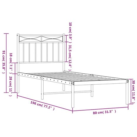 Bedframe met hoofdbord metaal zwart 75x190 cm 9