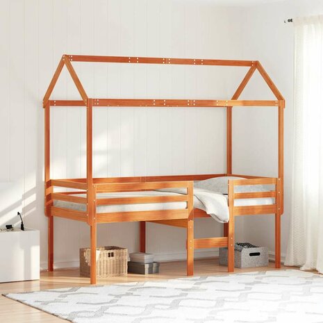 Hoogslaper met dak massief grenenhout wasbruin 75x190 cm 1