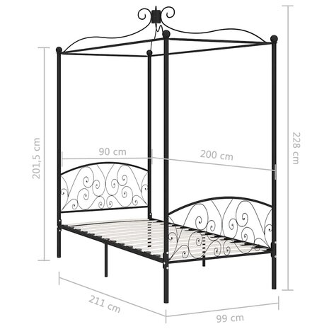 Hemelbedframe metaal zwart 90x200 cm 6