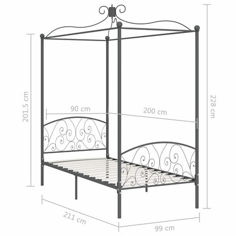 Hemelbedframe metaal grijs 90x200 cm 6