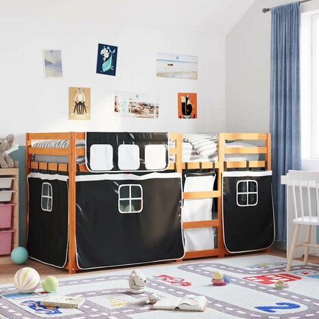 Stapelbed met gordijnen 90x190 cm grenenhout wit en zwart 1