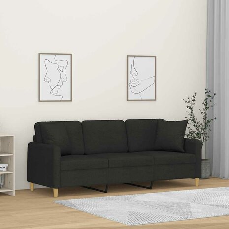 Driezitsbank met sierkussens 180 cm stof zwart 1