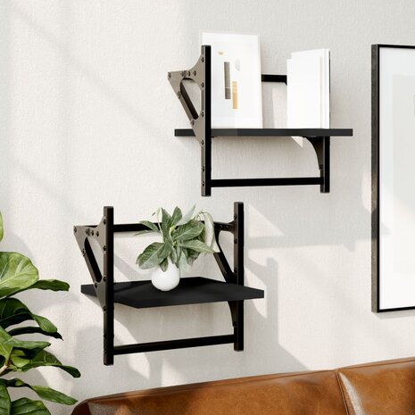 Wandschappen met stangen 2 st 30x25x30 cm zwart 1