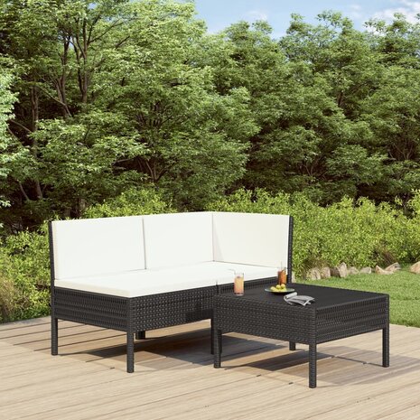 3-delige Loungeset met kussens poly rattan zwart 1