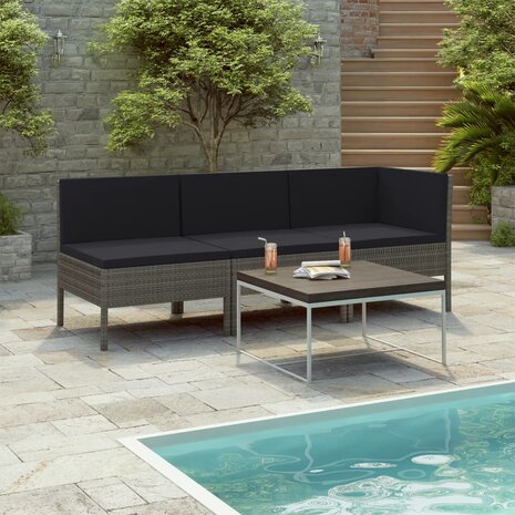 3-delige Loungeset met kussens poly rattan grijs 1