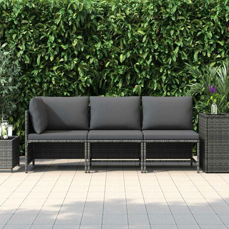 3-delige Loungeset met kussens poly rattan grijs 3