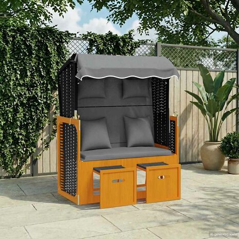 Strandstoel met kussen poly rattan en hout zwart en antraciet 1