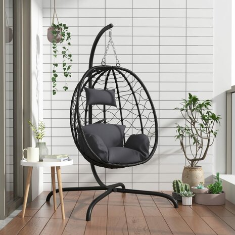 Egg hangstoel met Kussen Antraciet Poly Rattan & Staal 1