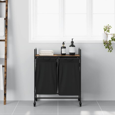 Wasmand 2 vakken met planken gerookt eikenkleurig 3