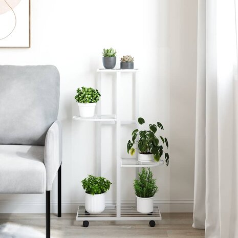 Bloemenstandaard met wielen 4-laags 44x23x80 cm ijzer wit 3