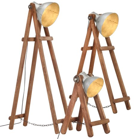 Vloerlampen 3 st E27 massief mangohout zilverkleurig 1