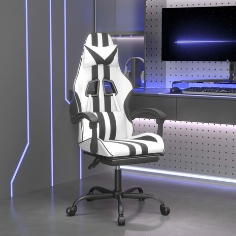 Gamestoel met voetensteun kunstleer wit en zwart 1