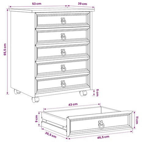 Rolkast met lades CORONA Massief grenenhout en engineered wood 9