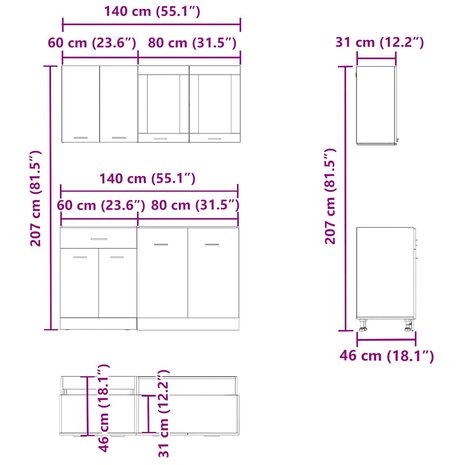4-delige Keukenkastenset Lyon bewerkt hout oud houtkleurig 7