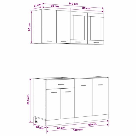 Keuken Eenheid LYON 4 st Zwart eiken Bewerkt hout 9