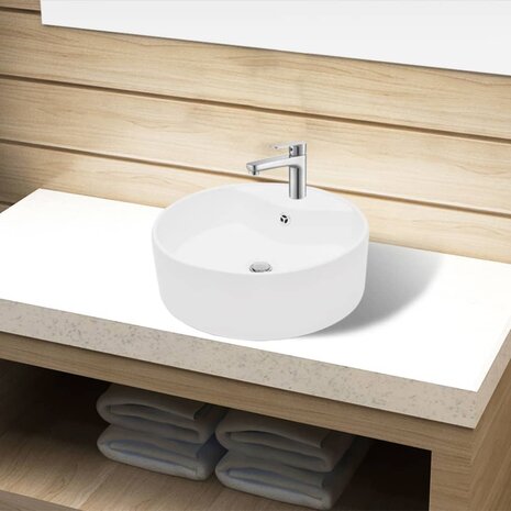 Wasbak met overloop, keramiek, rond, wit 1