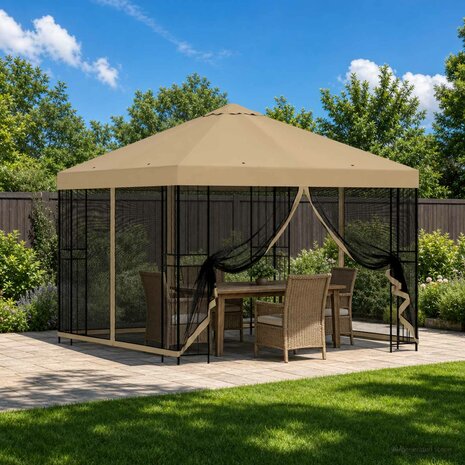 Tuin Gazebo met Zijwanden 3 x 3 m Beige Polyester en staal 1