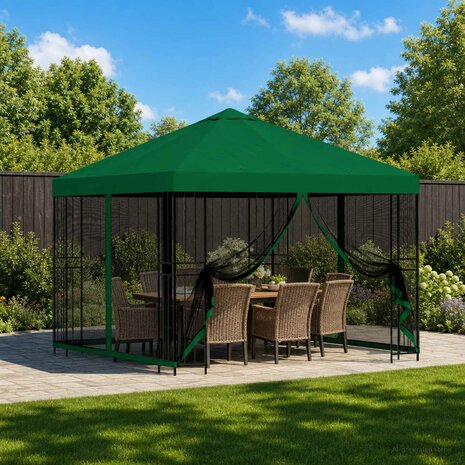 Tuin Gazebo met Zijwanden 3 x 3 m Groen Polyester en staal 1