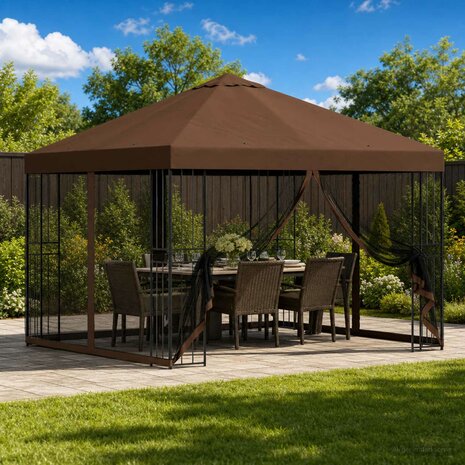 Tuin Gazebo met Zijwanden 3 x 3 m Bruin Polyester en staal 1
