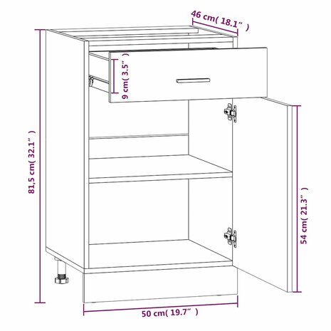 Onderkast met lade Lyon 50x46x81,5 cm bewerkt hout gerookt eiken 9