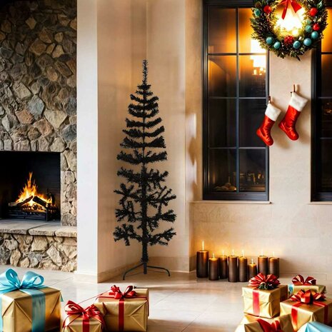 Kunstkerstboom half met standaard smal 150 cm zwart 2