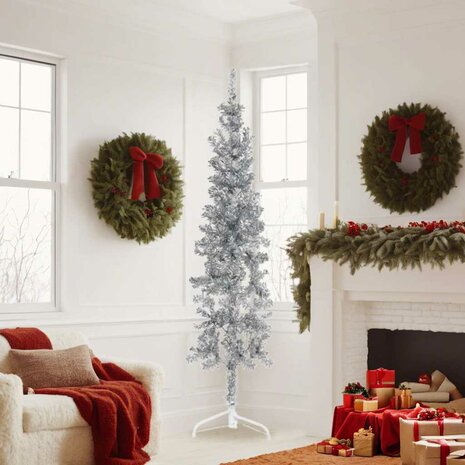 Kunstkerstboom half met standaard smal 180 cm zilverkleurig 2