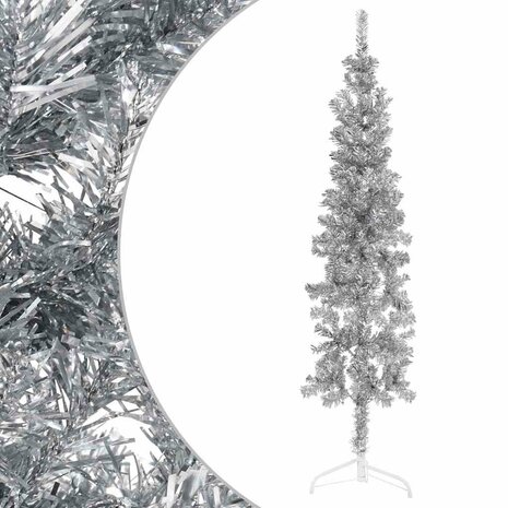 Kunstkerstboom half met standaard smal 180 cm zilverkleurig 4
