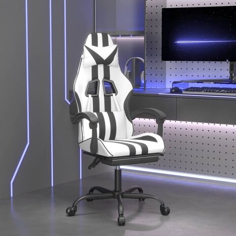 Gamestoel draaibaar met voetensteun kunstleer zwart en wit 1