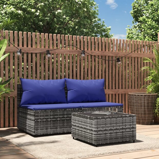 3-delige Loungeset met kussens poly rattan grijs 1