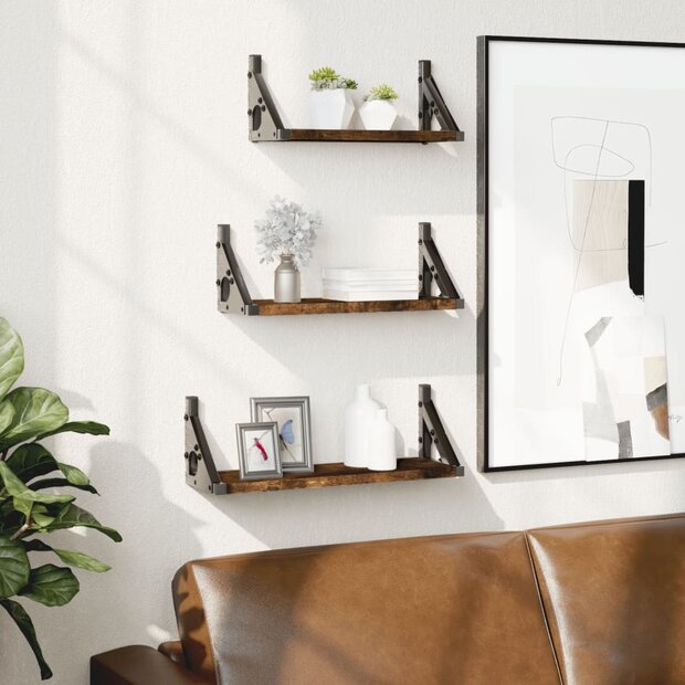 3-delige Wandschappenset bewerkt hout gerookt eikenkleurig 1