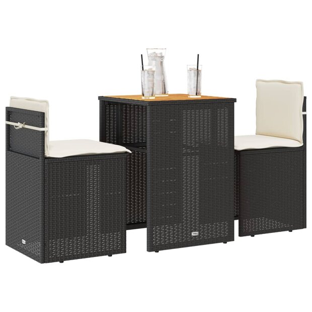 3-delige Bistroset met kussens poly rattan zwart 1