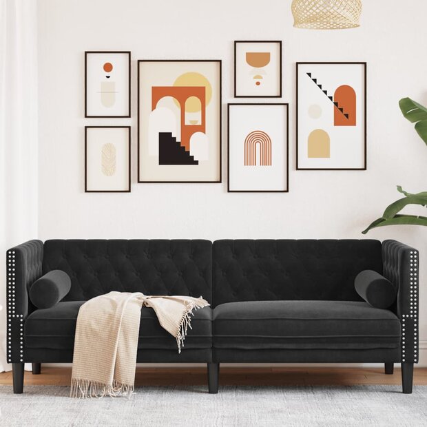 Driezitsbank Chesterfield-stijl met bolsters fluweel zwart 1