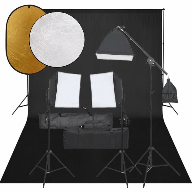 Fotostudioset met verlichtingsset, achtergrond en reflector 1