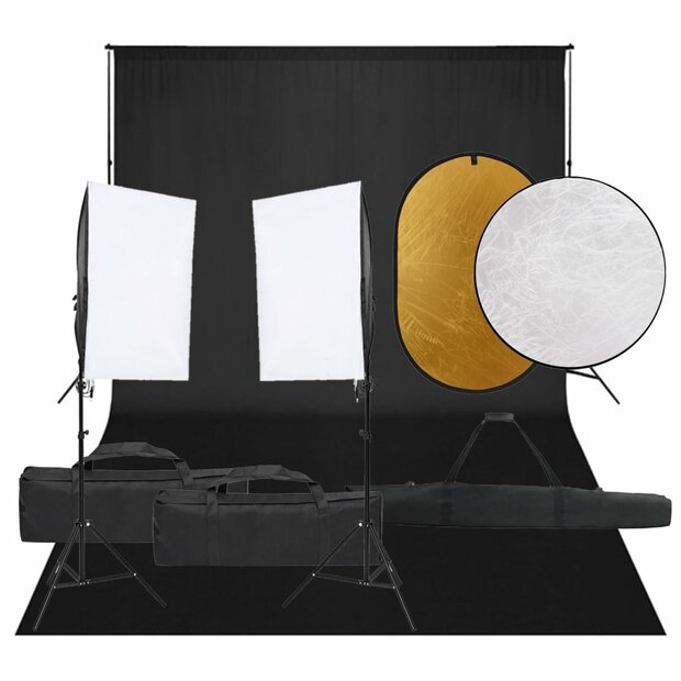 Fotostudioset met verlichtingsset, achtergrond en reflector 1