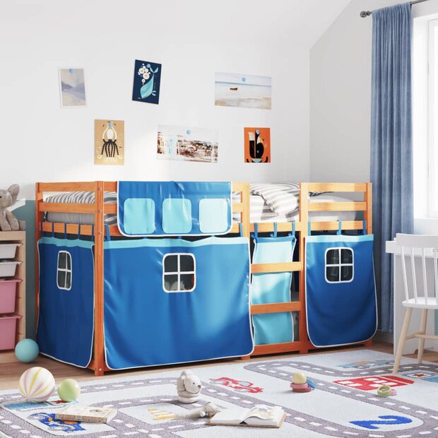 Stapelbed met gordijnen 90x200 cm massief grenenhout blauw 1
