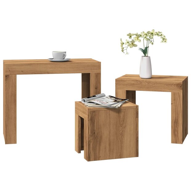 3-delige Tafeltjesset bewerkt hout artisanaal eikenkleurig 1