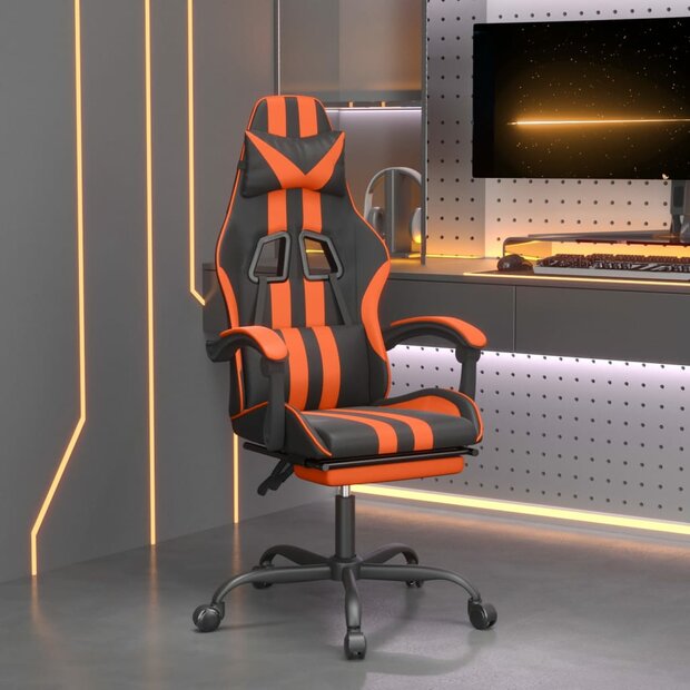 Gamestoel draaibaar met voetensteun kunstleer zwart en oranje 1