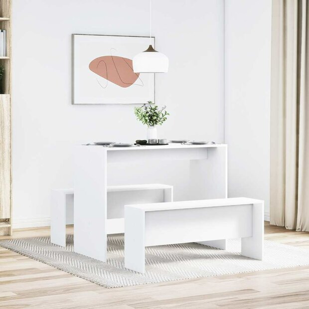 3-delige Eettafel en bankenset bewerkt hout wit 1