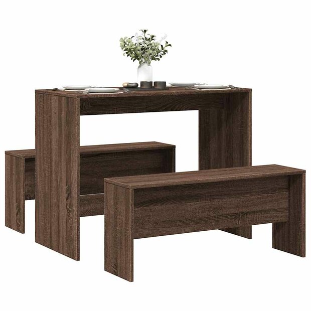 3-delige Eettafel en bankenset bewerkt hout bruin eikenkleur 1