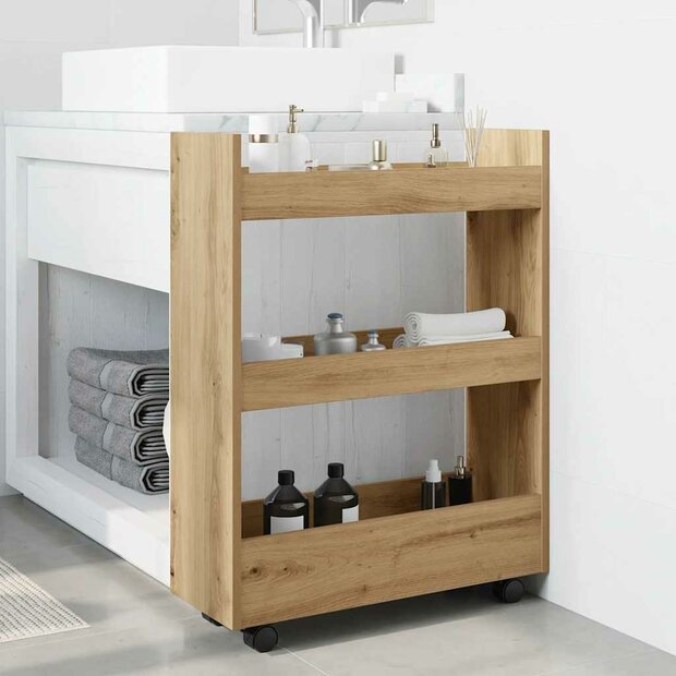 Opbergtrolley smal 3-laags bewerkt hout artisanaal eikenkleurig 1