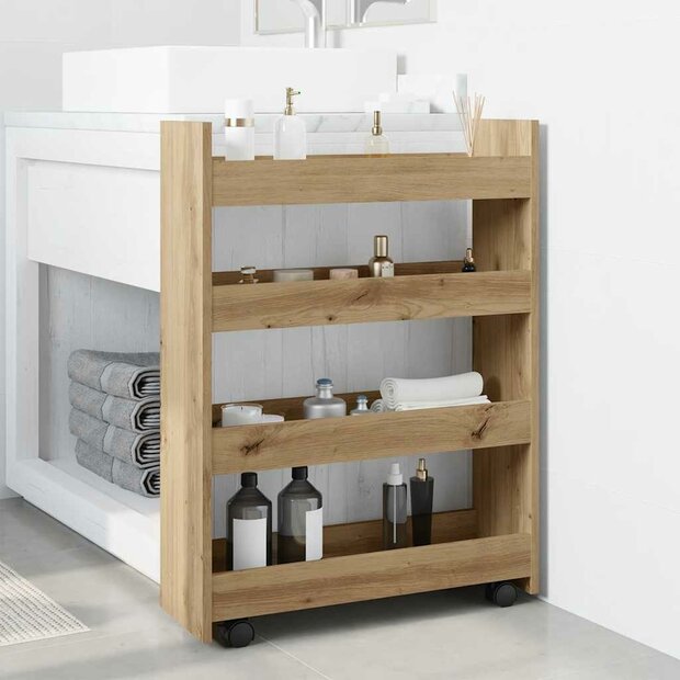Opbergtrolley smal 4-laags bewerkt hout artisanaal eikenkleurig 1