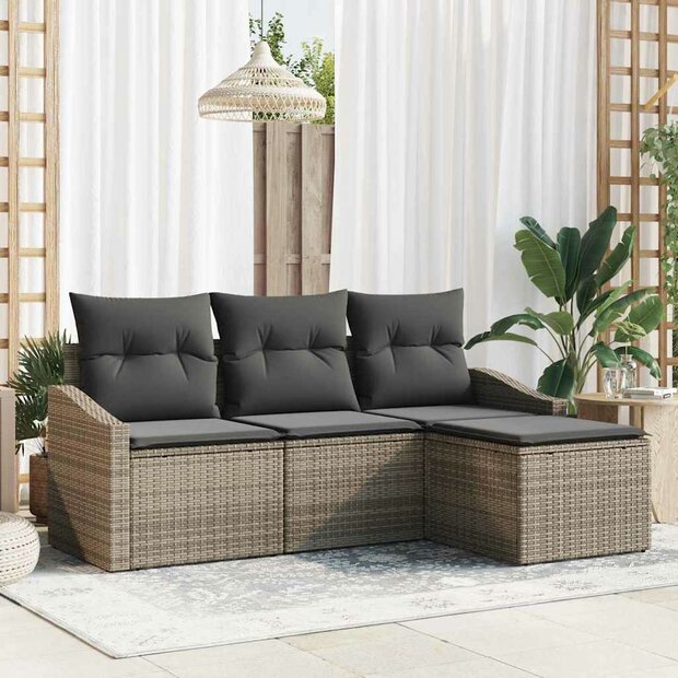 Bankstel met kussen 4 pcs Grijs poly rattan 1