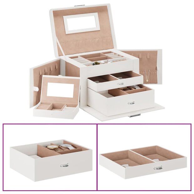 Sieradendoosje 3laags met spiegel afsluitbaar 26x18x17,5 cm wit 1