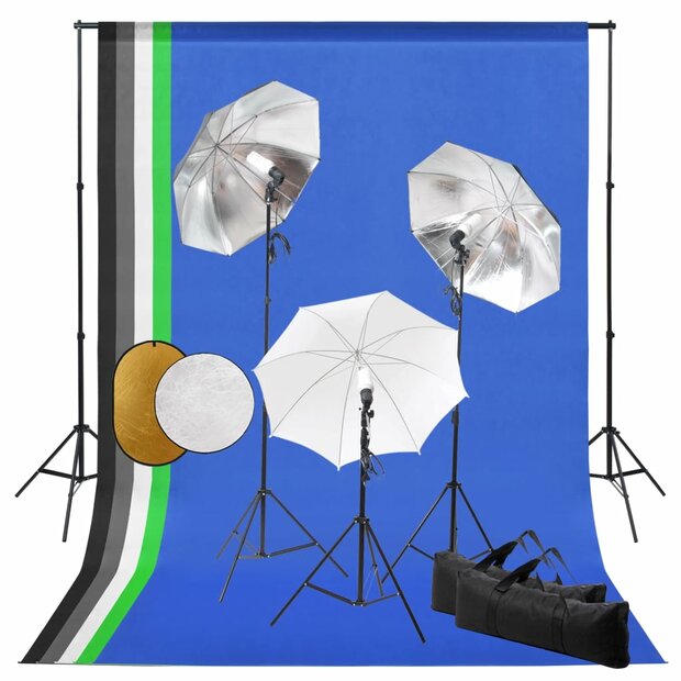 Fotostudioset met lampen, paraplu&amp;apos;s, achtergrond en reflector 1