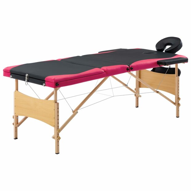 Massagetafel inklapbaar 3 zones hout zwart en roze 1